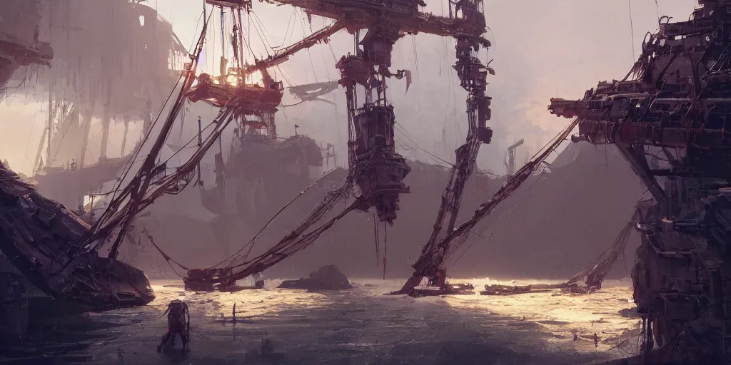 Prompt: a film still from elysium by ian mcque - pirate ship lowered by a crane, medium shot, waist up, bloom, dramatic lighting, behance, game environment design, artstation, deviant art,