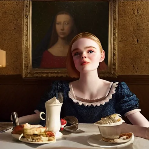 Prompt: Elle Fanning at a diner, head and shoulders portrait, stormy weather, extremely detailed masterpiece, Roger Deakin’s cinematography, oil on canvas, Da Vinci,