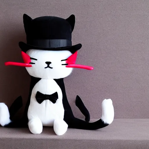Image similar to a plushie of a cat in a top hat, sanrio toys, famous stuffed animals, ty.com, plush toys, high detail, cute, photograph on a bed uhd 4k, rtx on
