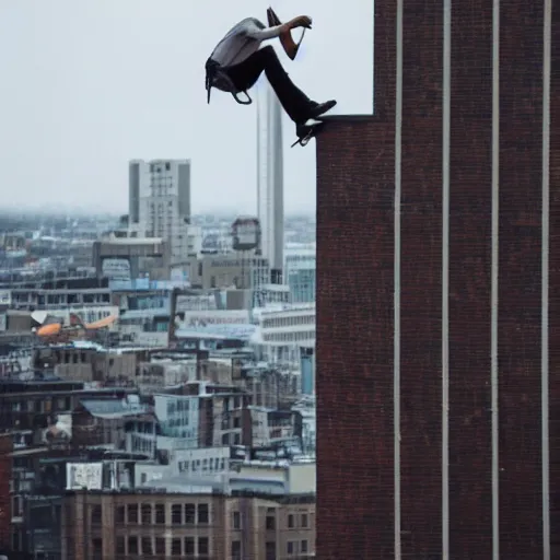 Image similar to a man trying to write the word the on top of a building in stilts