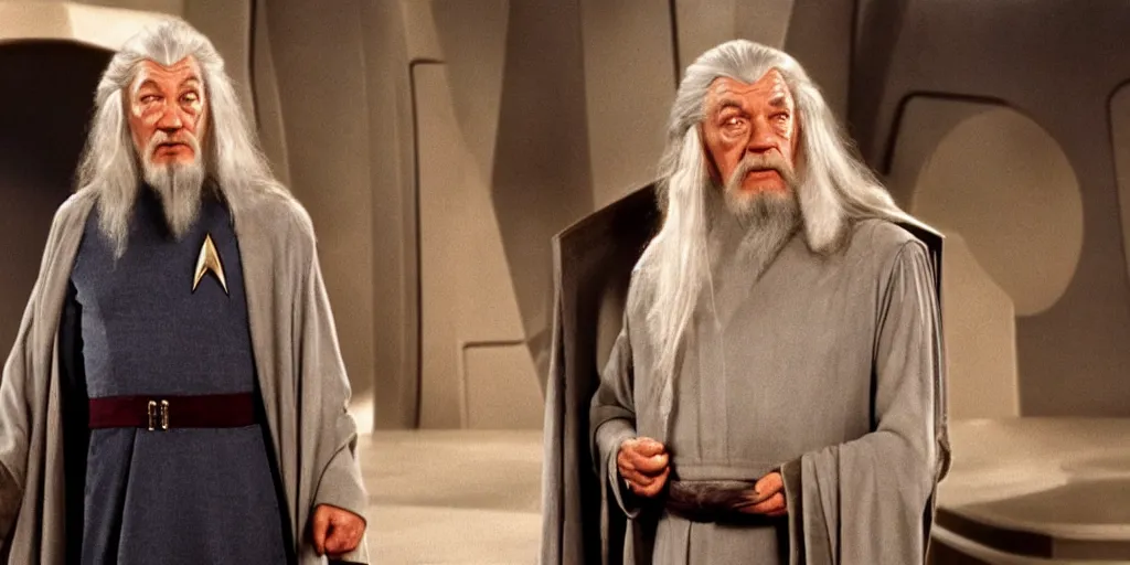 Image similar to Gandalf, in starfleet uniform, in the role of Captain Kirk in a scene from Star Trek the original series