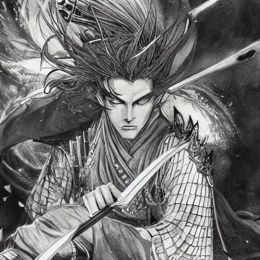 Image similar to a handsome golden Vagabond magic swordsman glides through a beautiful battlefield magic the gathering dramatic esoteric pen and ink illustrated in high detail by Hiroya Oku and Tatsuki Fujimoto