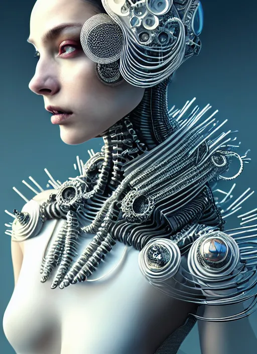 Prompt: portrait of an absurdly beautiful, graceful, sophisticated, fashionable cyberpunk mechanoid, hyperdetailed illustration by irakli nadar and vania zouravliov, matt wisniewski style, intricate linework, white porcelain skin, faberge headdress, agate spikes, unreal engine 5 highly rendered, global illumination, radiant light, detailed and intricate environment