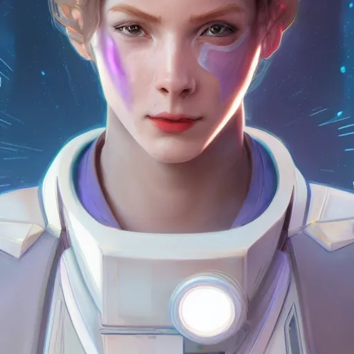 Image similar to portrait of a beautiful androgynous cyberpunk space ranger, tomboy style, soft lightning, high detailed, 8 k, artstation, by lane brown, by alphonse mucha, by sora kim, by helena nikulina,