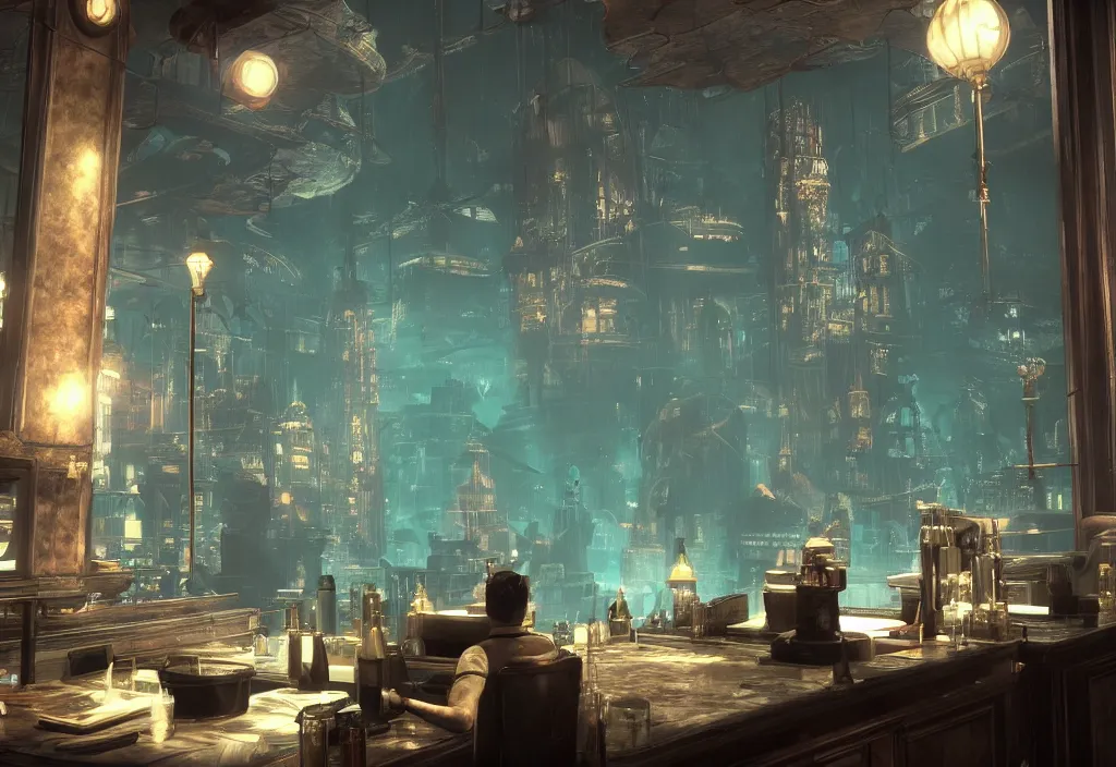 Image similar to In the world of rapture from the world of bioshock you are in a bar, there is a window that lets you see the whole city underwater and you are drinking a rum and coke, there are masks on the tables