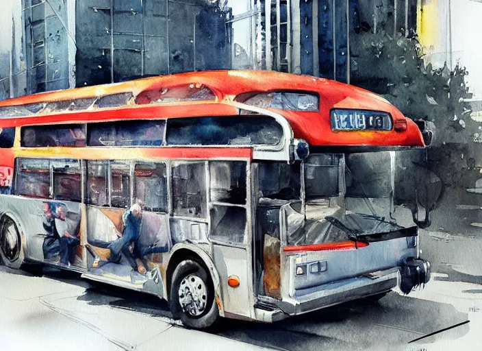 Image similar to concept art of a urban bus, pinterest, artstation trending, behance, watercolor, by coby whitmore, silver, laser light,