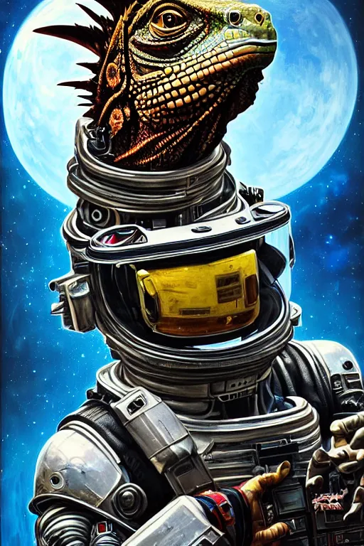 Image similar to a portrait of a muscular anthropomorphic cyberpunk iguana! space mechanic in spacesuit armor with a large head by sandra chevrier, by jon foster, detailed render, pistol in holster, tape deck, epic composition, cybernetics, 4 k realistic, cryengine, realistic shaded lighting, sharp focus, masterpiece, by enki bilal