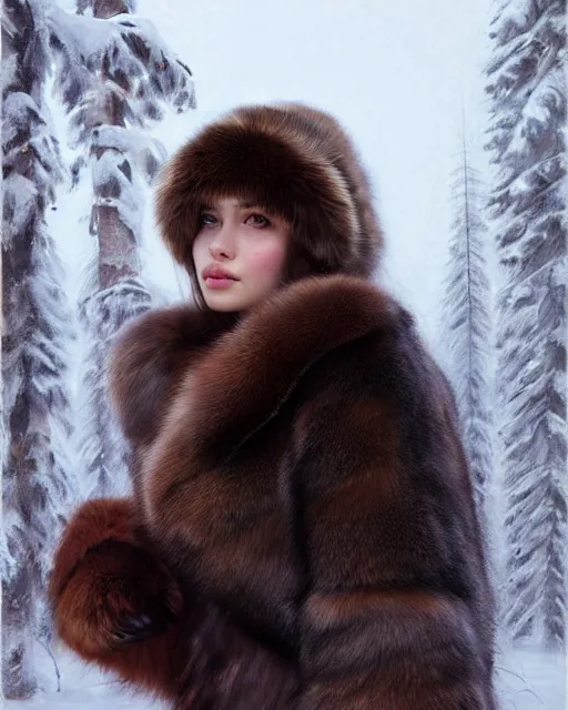 Image similar to a beautiful siberian girl with bear fur coat and neckline | | winter, realistic shaded, unpleasant face, bad looking, fine details, realistic shaded lighting poster by greg rutkowski, magali villeneuve, artgerm, jeremy lipkin and michael garmash and rob rey