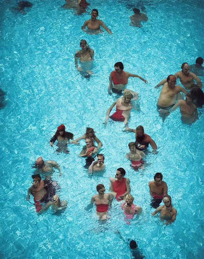 Image similar to “ a close - up of people stuck in a small square swimming pool, color photography ”