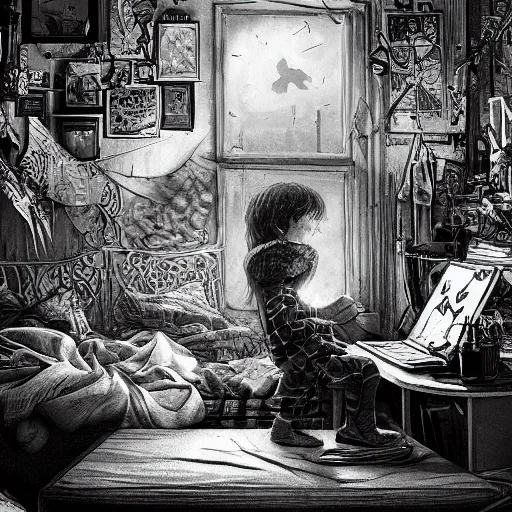 Image similar to a black and white photo, a child sits in a cluttered bedroom, in front of a computer, as their imagination spills onto the screen ond out the other side into a wave of color and magic, detailed intricate ink illustration, dark atmosphere, detailed illustration, hd, 4k, digital art, overdetailed art, concept art, by greg rutkowski, by loish, complementing colors, Trending on artstation, deviantart