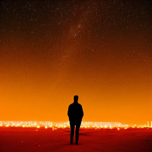 Image similar to a photo of a silhouette of a person in a color lit desert at night