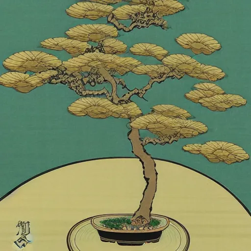 Prompt: A simple bonsai, lotus flowers, lotus leaves, and slender grass, the background is a landscape, Japanese Ukiyo-e style, by Hiroshi Yoshida