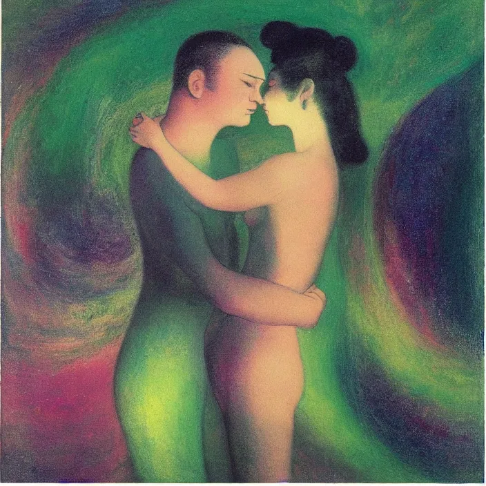 Prompt: close portrait of woman and man kissing. aurora borealis. iridescent, psychedelic colors. painting by balthus, agnes pelton, utamaro, monet