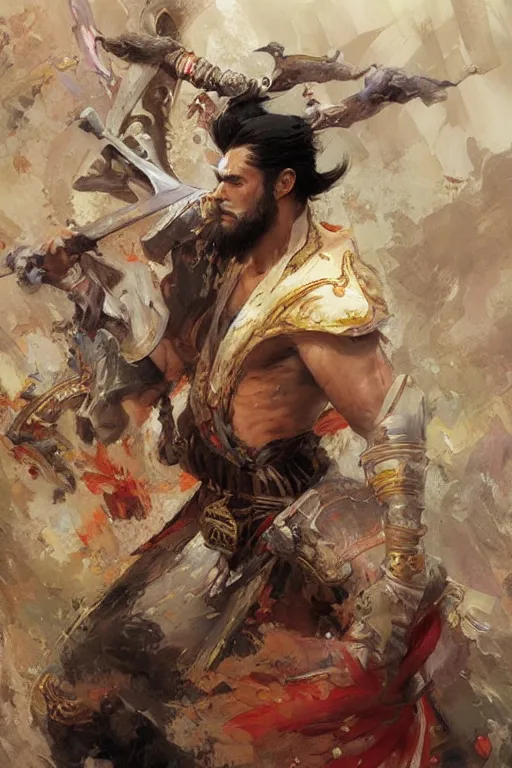 Image similar to wuxia, attractive beefy man, character design, colorful, painting by gaston bussiere, craig mullins, greg rutkowski, j. c. leyendecker