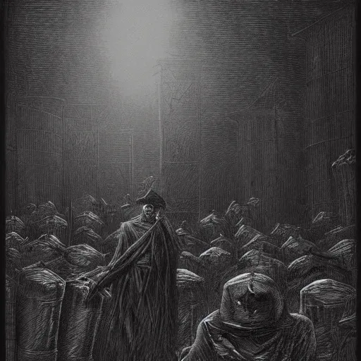 Image similar to 9 steel barrels in a graveyard, 2 zombies, creepy atmosphere, dark, portrait, realistic, illustration by gustave dore