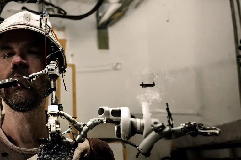 Image similar to cinematography closeup portrait of a Man soldering repairing robot parts in his garage by Emmanuel Lubezki