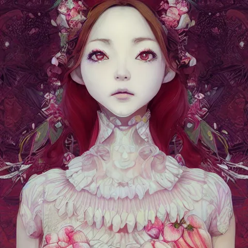 Image similar to the portrait of an absurdly beautiful, graceful, elegant, sophisticated, fashionable realistic anime woman made of strawberries and white petals with tears, an ultrafine hyperdetailed illustration by kim jung gi, irakli nadar, intricate linework, bright colors, octopath traveler, final fantasy, unreal engine 5 highly rendered, global illumination, radiant light, detailed and intricate environment