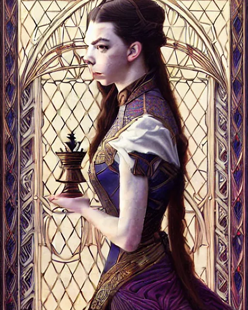 Image similar to anya taylor - joy ( queen's gambit ), art nouveau, fantasy, intricate chess designs, elegant, highly detailed, sharp focus, art by artgerm and greg rutkowski and wlop