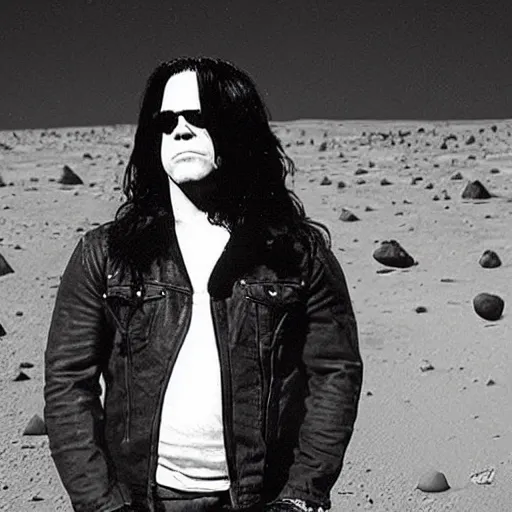 Image similar to glenn danzig is very confused on the surface of mars and there are aliens trying to give him a pill,