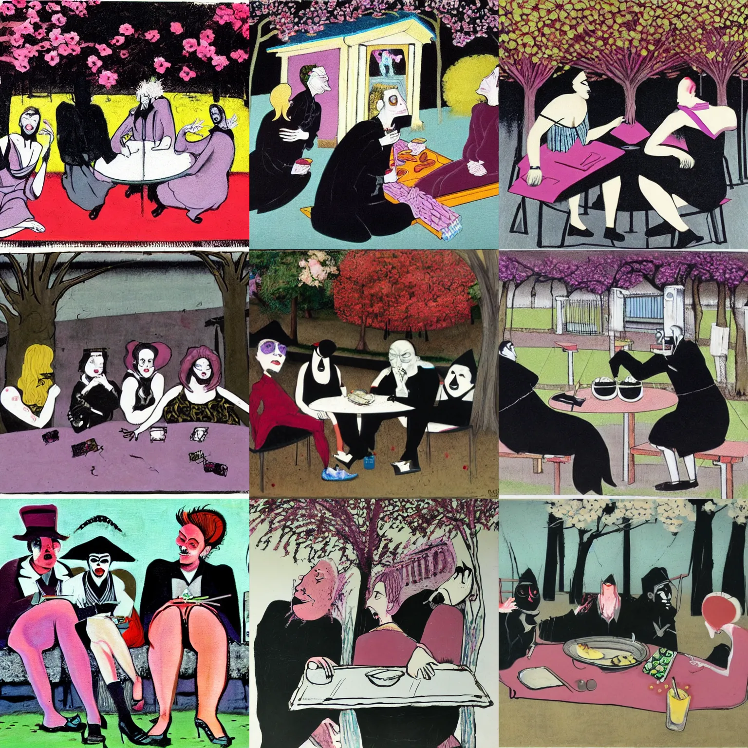 Prompt: art by francis bacon depicting three goths sitting at a picnic table in the shade, talking beneath a cherry blossom outside a blockbuster video store.
