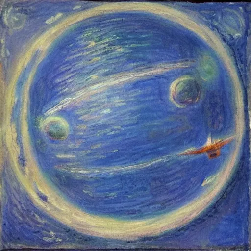 Image similar to a starship in orbit of a large blue planet in the style of monet.