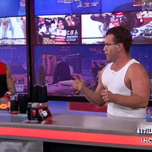 Image similar to the local news sports guy wearing a tattered white tanktop during a live broadcast, visibly drunk