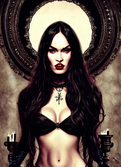 Image similar to megan fox witch queen, black eyes, blood, full body, intricate victorian dress, middle shot, cinematic lighting, symmetrical eyes, caravaggio, joshua middleton, rafael albuquerque, charlie bowater, moody lighting, candles