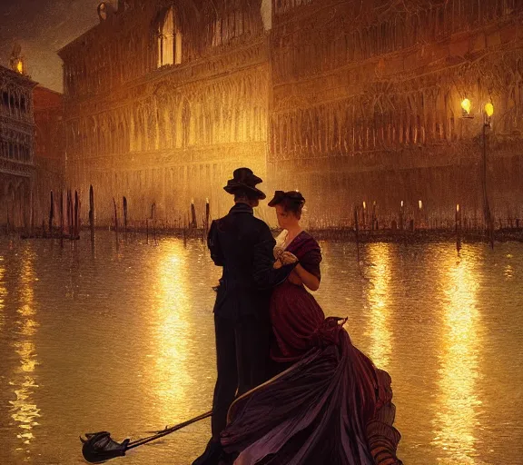 Image similar to photography of a 1 8 th couple in venice with fireworks, deep focus, intricate, elegant, highly detailed, digital painting, artstation, concept art, matte, sharp focus, illustration, art by artgerm and greg rutkowski and alphonse mucha and gil elvgren