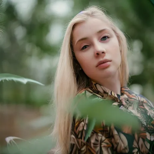 Image similar to aero ektar lens. shallow depth of field. head to waist portrait photograph of an extremely beautiful!!!! young blonde female. symetric face. round detailed eyes. with a very detailed barn owl! on her shoulder., petzval lens. in a tropical greenhouse. featured on flickr, art photography, photo taken with provia,