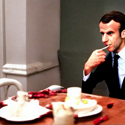 Prompt: Emmanuel Macron eating humans in American Psycho (1999)