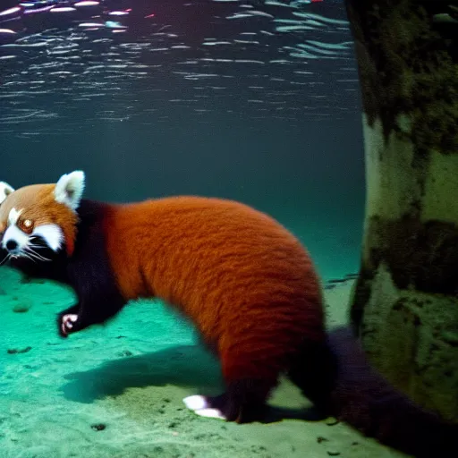 Image similar to dark footage of a red panda walking around the bottom of the ocean