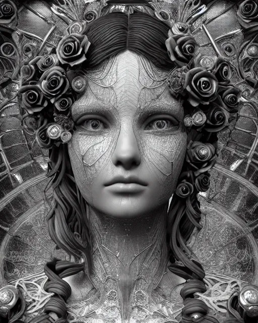 Image similar to mythical dreamy black and white organic bio-mechanical spinal ribbed profile face portrait detail of translucent steampunk beautiful female angelic-human-queen-vegetal-cyborg, highly detailed, intricate crystal ivy jelly ornate, poetic, translucent roses ornate, 3D render, digital art, octane render, 8K artistic photography, photo-realistic, by Dora Maar