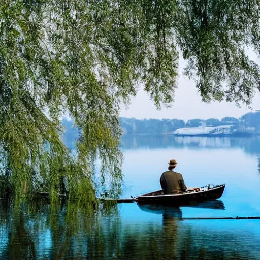 Image similar to surrealist fisherman in boat on calm lake with many trees along the shoreline during twillight