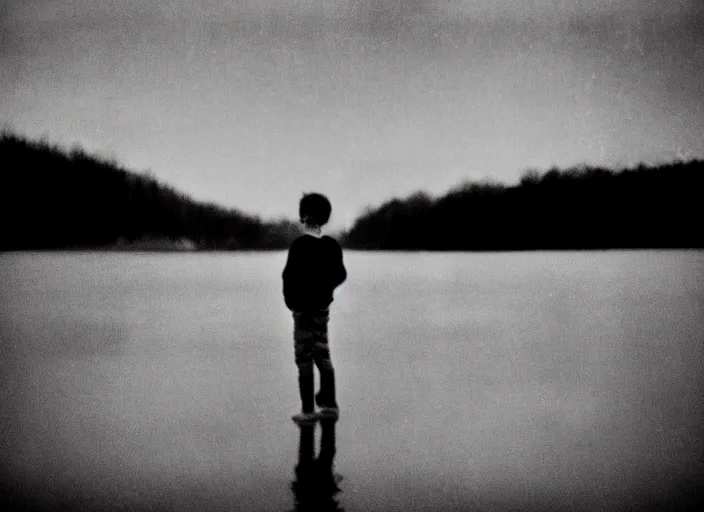 Prompt: sad boy by Andrei Tarkovsky, lake, lomography photo, blur, monochrome