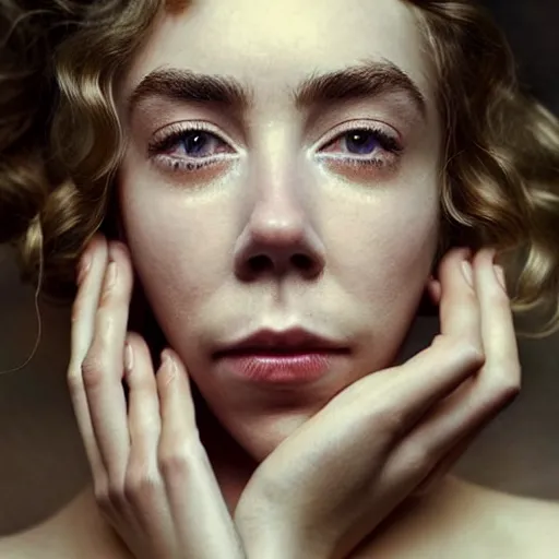 Image similar to stunning photo of vanessa kirby, dark - haired goddess with tears running down her face,, a beautiful closeup, wet lips, perfect eyes, insanely detailed, elegant, by mucha, wlop, rutkowski, livia prima