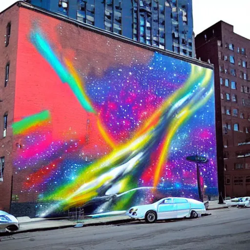 Prompt: a galactic spray painted mural in new york painted by artist outer source