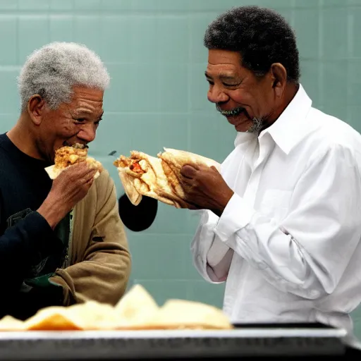 Image similar to tom cruise and morgan freeman eating a burrito in jail, hyper realistic, photo, photo studio, news paper, hyper detailed, smooth,