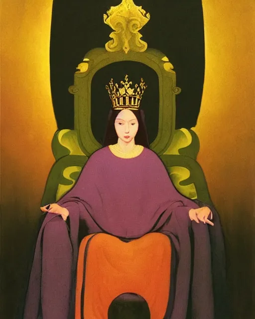 Image similar to an illustration of a queen on a throne at night in the style of johann heinrich fussli and nicholas roerich and georgia o keeffe, realistic, highly detailed, master oil painting, concept art