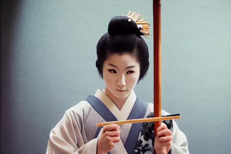 Prompt: beautiful photo of a young modern geisha samurai practising the sword in a traditional japanese temple, mid action swing, symmetrical face, beautiful eyes, huge oversized sword, award winning photo, muted pastels, action photography, 1 / 1 2 5 shutter speed, dramatic lighting, anime art style