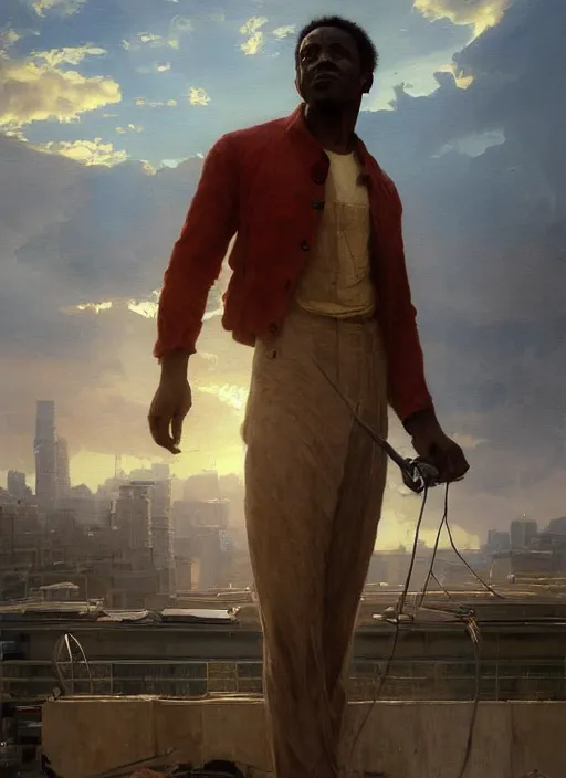 Prompt: A digital painting of a portrait of Donnovan Mitchell alone on a rooftop during Golden Hour. masterpiece 4k digital illustration by Ruan Jia and Mandy Jurgens and Artgerm and greg rutkowski and Alexander Tsaruk and WLOP and william-adolphe bouguereau, marvel comics, dark, intricate, highly detailed, smooth, artstation, digital illustration by Ruan Jia and Mandy Jurgens and Artgerm and Wayne Barlowe and Greg Rutkowski and Frank Frazetta , award winning, Artstation, art nouveau aesthetic, Alphonse Mucha background, intricate details, realistic, panoramic view, Hyperdetailed, 8k resolution, intricate art nouveau