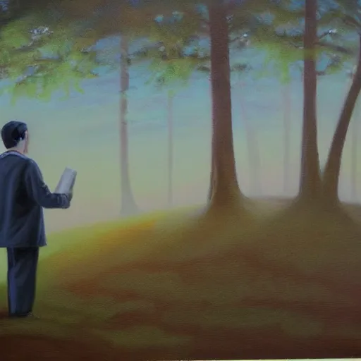 Image similar to a hazy painting of a Jehova’s Witness spreading the word