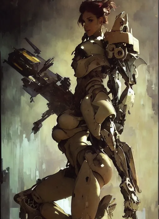 Image similar to beautiful neutral earth toned palette knife painting artwork by yoji shinkawa jeremy mann, full body character portrait warhammer 4 0 k mech pilot exotic, charlie bowater and magali villeneuve and alphonse mucha, gaston bussiere, craig mullins, j. c. leyendecker, by artgerm