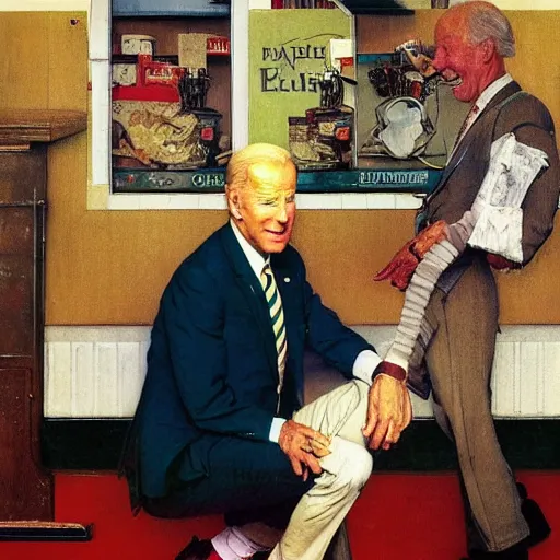 Image similar to joe biden forgets to breathe and falls over in a shop, painted by norman rockwell and tom lovell and frank schoonover