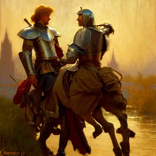 Image similar to attractive arthur pendragon and his attractive male knight, they are in love, natural lighting, path traced, highly detailed, high quality, digital painting, by gaston bussiere, craig mullins, alphonse mucha j. c. leyendecker