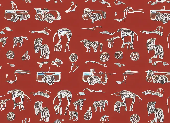 Image similar to painted pattern which depicts figures of ancient hunters mammoths vw buses steering wheels, rock cave painting, red ocher, finger painting