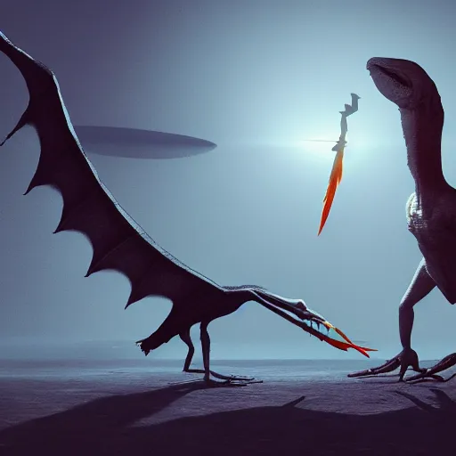 Prompt: a pterodactyl feeding its young a stick of dynamite, painterly, hyperrealistic, 4 k, concept art, render, unreal engine, photorealism, artstation, eerie lighting, pre dawn