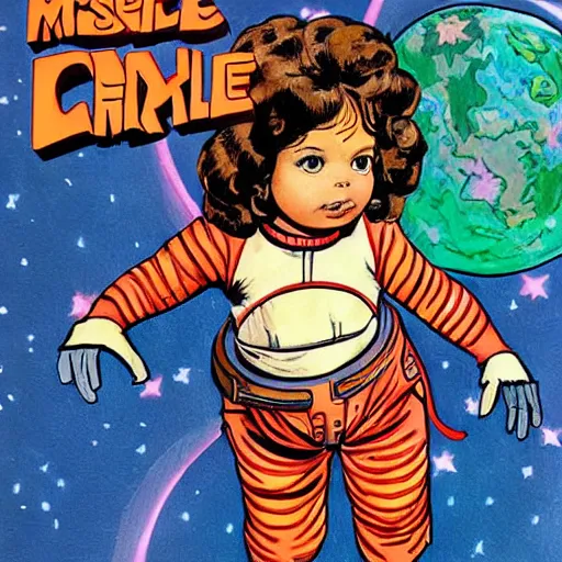 Prompt: a cute little girl with a mischievous face and short brown wavy curly hair. she is dressed as an astronaut. well composed, clean elegant painting, beautiful detailed face. comic book art by steve ditko and jack kirby and ( raymond swanland )