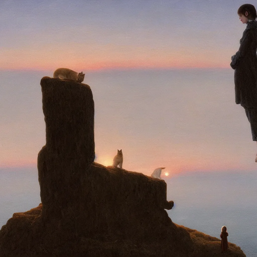 Image similar to an android girl with a white cat by caspar david friedrich, in the sunset ， sitting on the edge of the cliff looking at the sea ， clean, pure, elegant, highly detailed, digital painting, artstation, concept art, smooth, sharp focus, illustration,