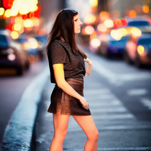 Prompt: pensive brunette in a short leather skirt, New York at night, Photography, Bokeh, Shutter Speed 1/1000, Megapixel