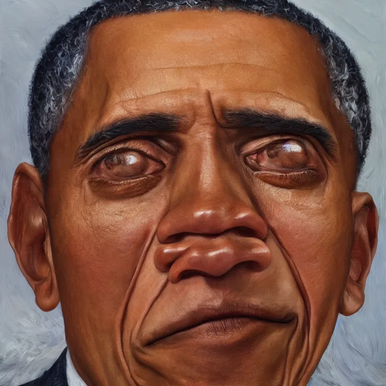 Prompt: hyperrealistic close up studio portrait of aging old Barack Obama age 85 sad, oil painting by Ivan Albright and Lucian Freud and Ron Mueck, trending on artstation Studio lighting hyperrealism